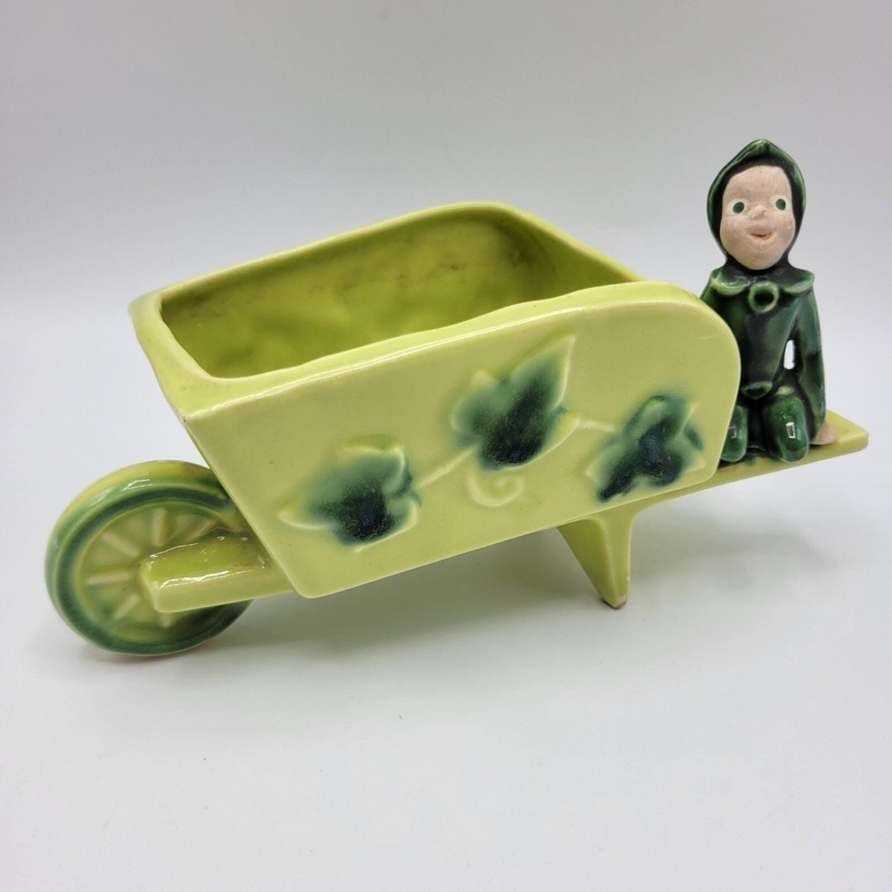 Vintage Pottery Planter Pixie Elf Wheelbarrow Shamrocks Design Avocado Green